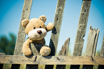 Brown teddy bear on brown wooden fence