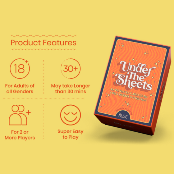 An image depicting the key features and packaging of MyMuse's Under The Sheets card game