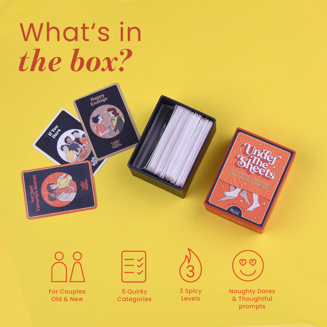 An infographic shows the contents & box of MyMuse's Under The Sheets card game and its key features