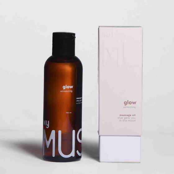 MyMuse’s 100ml Glow Arousing massage oil bottle along with its packaging case (on the right)